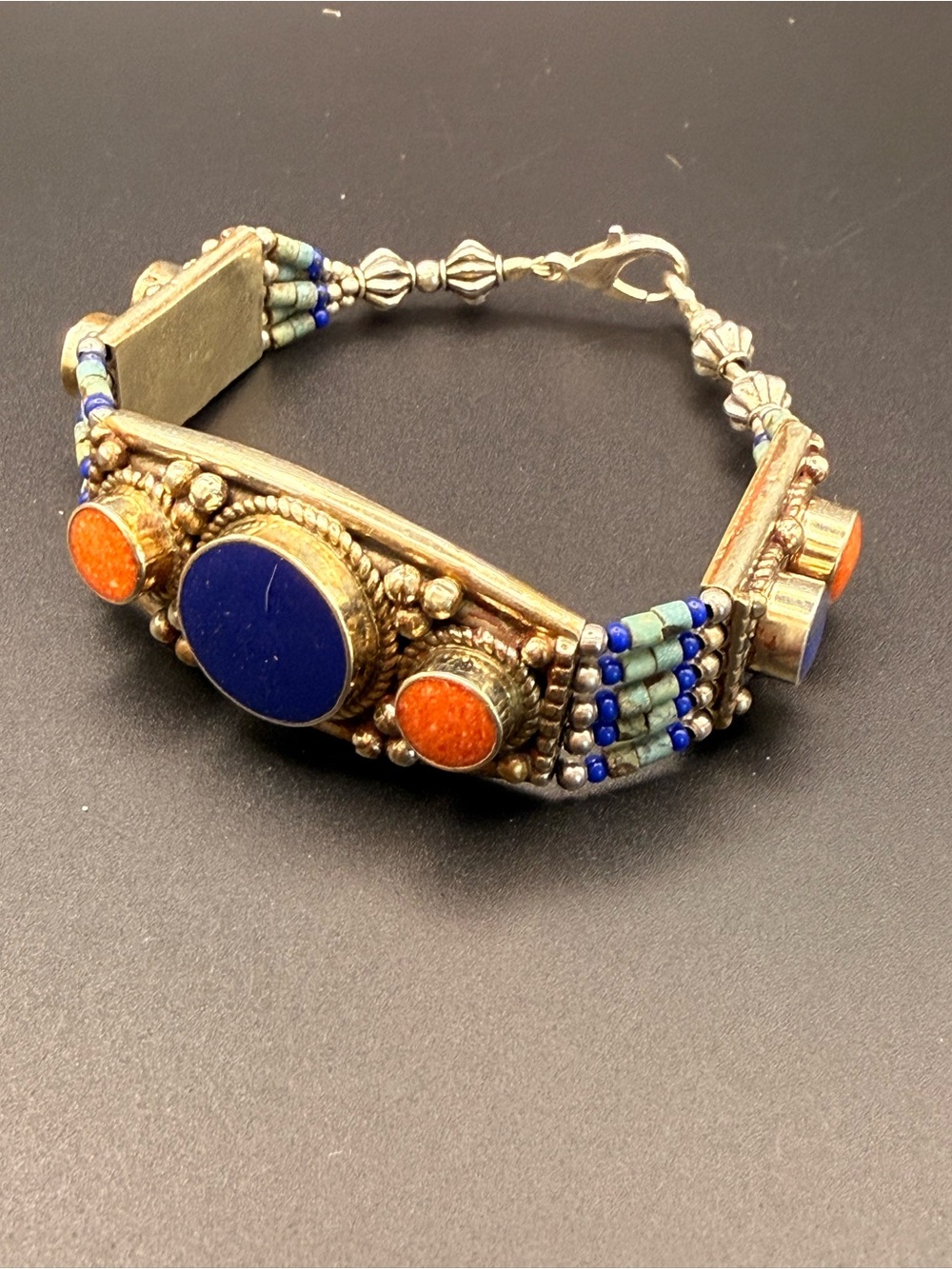 Tibetan Silver Lapis Lazuli and Red Coral Beaded Bracelet